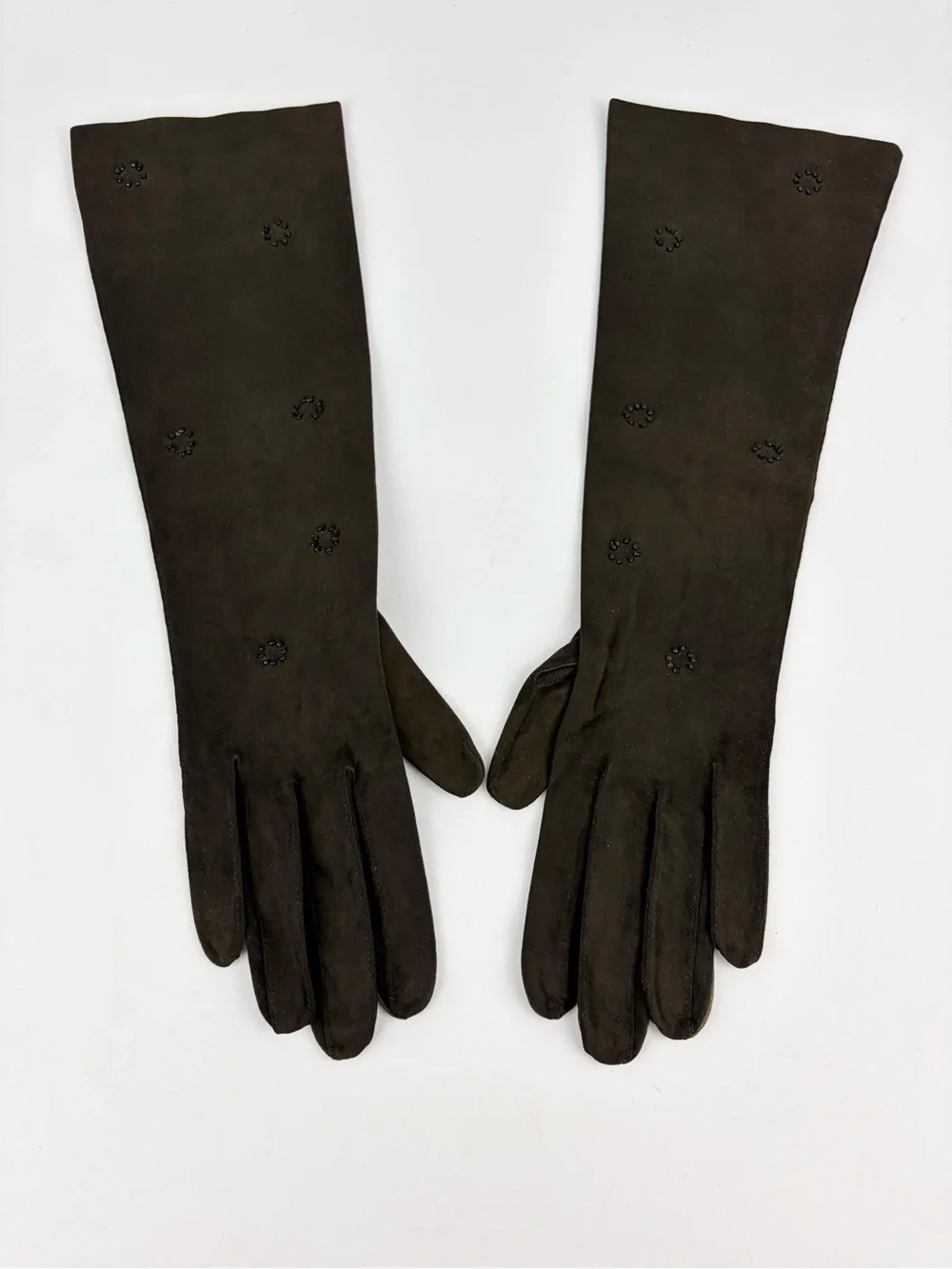 VTG 40s 50s Bloomingdale’s French Kid Suede Leather Beaded Brown Hand Gloves 7.5